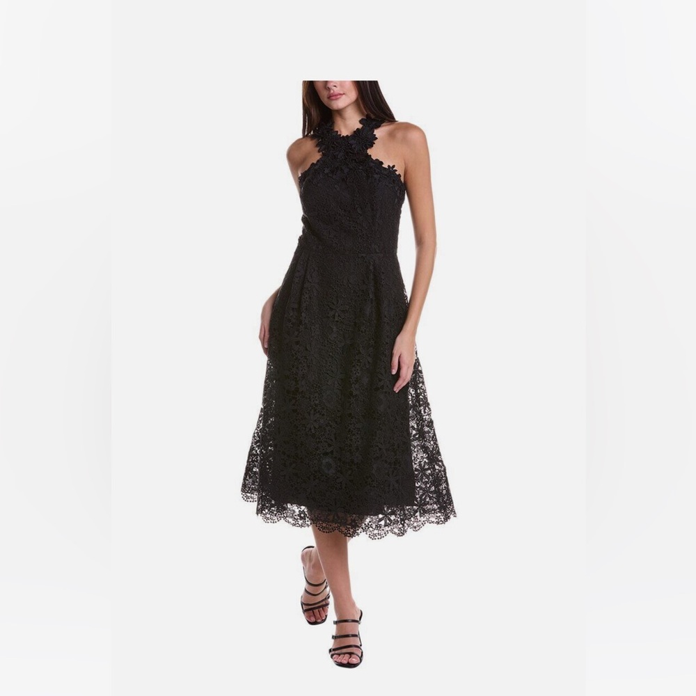 Teri Jon by Rickie Freeman Black Lace Halter Midi Dress